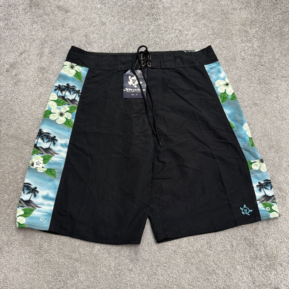 Shaka Surfwear Board Shorts Swim Trunks Mens 36 Black Tropical Hibiscus Floral